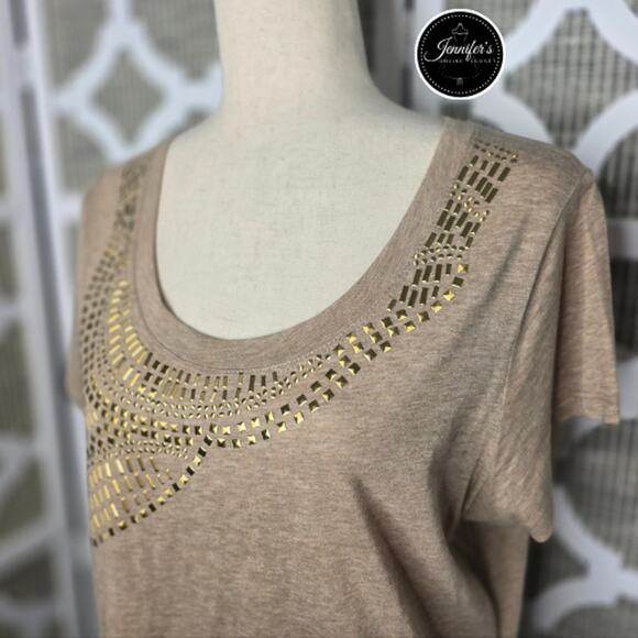 3/$30 Chaus Sport Tan with Gold Embellished Scoop Neck Short Sleeve Top Large - Picture 3 of 10
